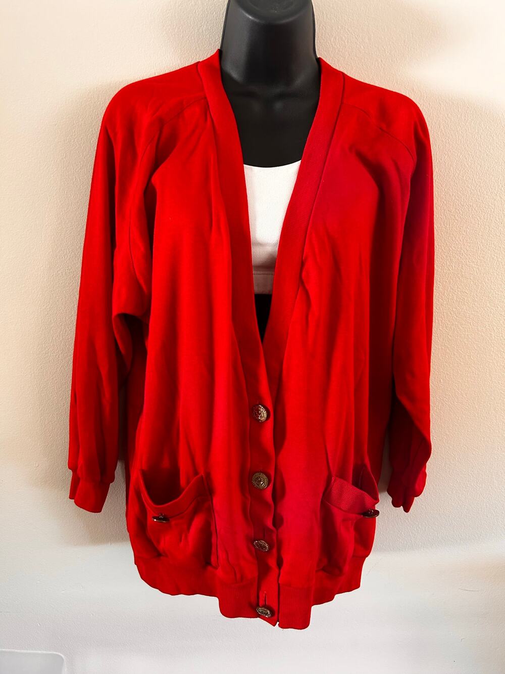 Vintage Peter Popovitch Red Cardigan Sweater Gold Button Pocket Knit Large
